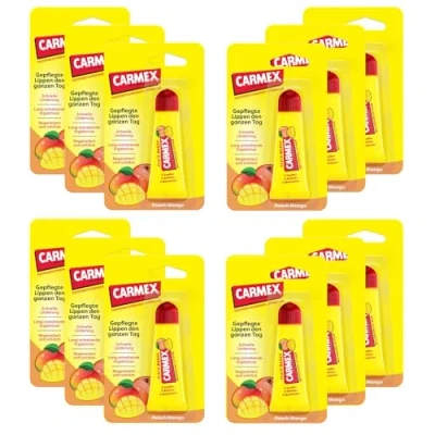 Abbildung von Carmex Peach Mango Tube Lippenpflege für trockene Lippen, Lippenbalsam feuchtigkeitsspendend und beruhigend rissige mit Vaseline, Vitamin E Bienenwachs (12 x 10 g)