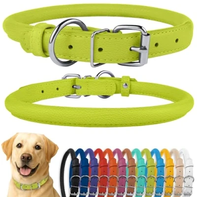 Abbildung von CollarDirect Rundes Leder Hundehalsband, weich gepolstert gerollt, handgefertigtes Echtleder Halsband für Hund Welpe Katze Klein Groß Schwarz Rosa Rot Lila Blau