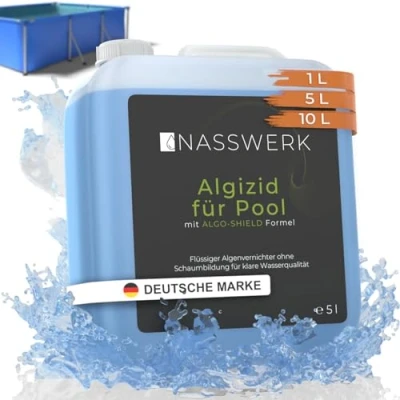 Abbildung von NASSWERK® Algizid für Pool flüssig 5L Algenvernichter um grünes Poolwasser klar bekommen Poolklar Anti Algenmittel &amp; Whirlpool mit Klareffekt Algezid Algenverhüter