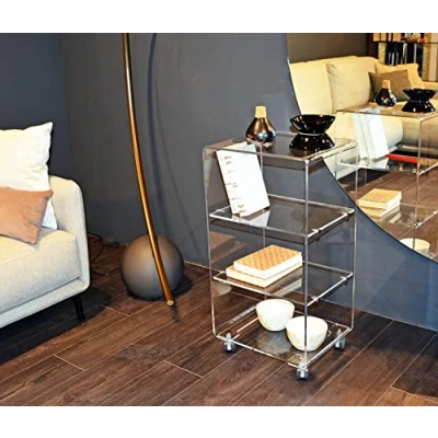 Abbildung von Slato Cleo Large ï Couchtisch mit Vier Etagen Rädern für das Wohnzimmer, Vitrine Rollen, auf der Sofa, modernes Design aus Plex. transparent, hergestellt in Italien