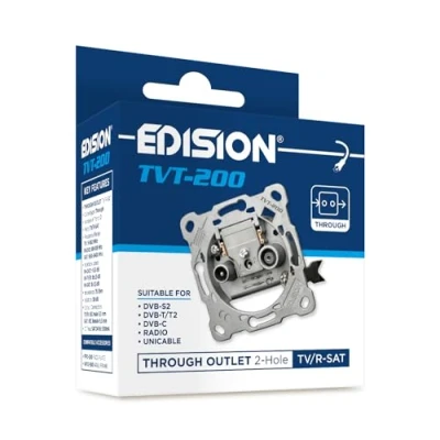 Abbildung von EDISION Antennendose SAT Universal TVT 200, Durchgangsdose TV/R unterputz 2 Loch, geeignet für DVB S2, Unicable, T/T2, Kabel C, Radio, FM, DAB+, DC Pass, Ausgänge