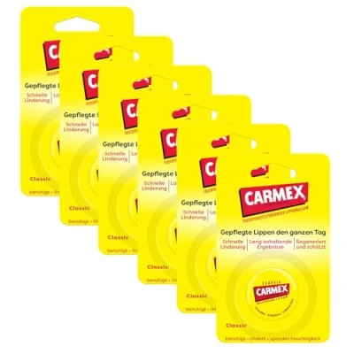 Abbildung von Carmex Classic Tiegel Lippenpflege für trockene Lippen, Lippenbalsam feuchtigkeitsspendend und beruhigend rissige mit Vaseline, Vitamin E Bienenwachs (6 x 7,5 g)