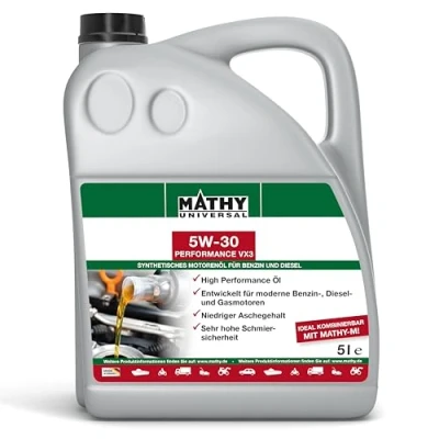 Abbildung von MATHY Motoröl SAE 5W 30 Performance VX3 Synthetisches HC Motorenöl speziell formuliert für moderne Diesel und Gasmotoren, 5 l