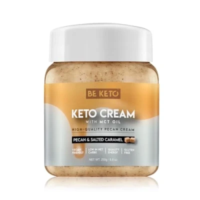 Abbildung von BeKeto keto Creme Pekannuss und gesalzenes Karamell mit MCT Öl pflanzlicher Aufstrich für vegan freundliche Lebensmittel glutenfrei 250g