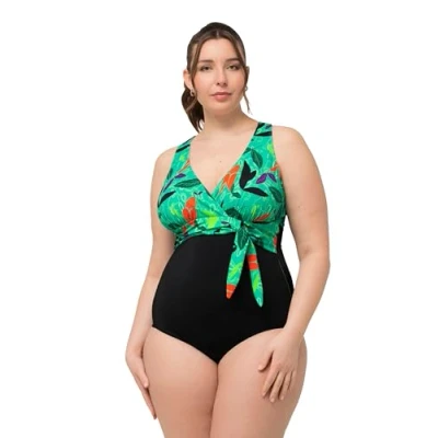 Abbildung von Ulla Popken Colorful LEAF Halter NECK Badeanzug, Damen, Größe: 50, Black