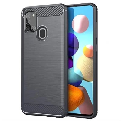 Abbildung von Cadorabo Hülle kompatibel mit Samsung Galaxy A21s Schutzhülle TPU Silikon Case Karbon Optik Slim Kratzfest Weiche Gummi Rundumschutz für in Grau