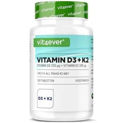 Abbildung von Vitamin D3 10.000 I.E + K2 200 mcg Menaquinon MK7 Depot 180 Tabletten 99,7+% All Trans (K2VITAL® von Kappa) Laborgeprüft Vegetarisch Hochdosiert Premium Qualität