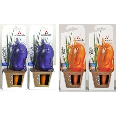 Abbildung von Scheurich Wasserspender Bördy S 4er Set Lila/Orange 90 ml Füllmenge Bewässerungskugel klein mit Ton Fuß Pflanzen und Blumen Terrakotta Stiel