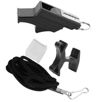 Abbildung von Tbest Schiedsrichterpfeife Professionelle Schiedsrichter Pfeifen Trainerpfeife Signalpfeife ABS Sportpfeife Cam Überlebenspfeifen mit Clip für Fußball Basketball Volleyball(Schwarz und Silber)