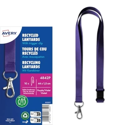 Abbildung von AVERY Zweckform 4842P Lanyard 10 Stück (44x1,5cm, Kartenhalter mit Karabinerhaken Sicherheitsverschluss, Schlüsselband für Ausweishülle, Kartenhülle, Namenschilder, Umhängeband, Nackenband) lila