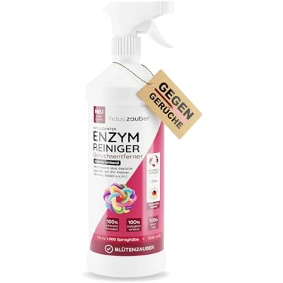 Abbildung von hauszauber® Enzymreiniger [STARKER GERUCHSENTFERNER] 1000 ml Gegen Katzenurin, Nikotin, Tiergerüche etc. Schlechte Gerüche aus Auto &amp; Teppich entfernen Geruchsentferner Blütenzauber