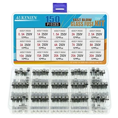 Abbildung von AUKENIEN 150 Stück 0,5A 1A 1,5A 2A 2,5A 3A 5A 6A 7A 8A 10A 15A 20A 25A 30A 250V Sicherungen 6,3x32 6x30 MM Glas Sicherung Glassicherung Glasrohrsicherung Feinsicherung Schnelle Schlag Glasrohr Kit