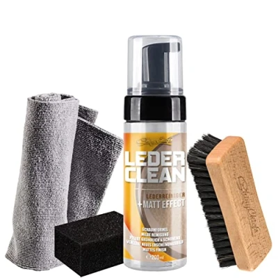 Abbildung von ShinyChiefs Leder CLEAN Komplett Set Schaumreiniger für Ledersitze und Lenkräder Pflege Reinigung Glattleder mattierender Lederreiniger Autositze, Pumpspender 200ml