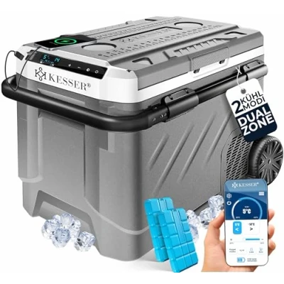 Abbildung von KESSER® Kompressor Kühlbox elektrisch 61 Liter Camping Gefrierbox Mit LED Touch APP Steuerung &amp; Kühlakkus USB Anschluss 12/24 V 230V Kühlschrank Kühlung bis 20 C für Auto LKW Grau Weiß