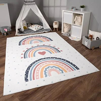 Abbildung von Paco Home Kinderteppich &quot;Eliz 392&quot;, rechteckig, Kurzflor, Spielteppich, Patchwork Muster, Motiv Punkte &amp; Regenbogen