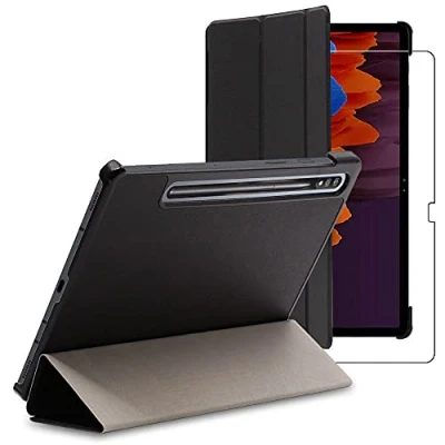 Abbildung von ebestStar Hülle für Samsung Galaxy Tab S7+ SM T970, Slim Smart Cover (Ultra Dünn), Schutzhülle Etui, Ständer Case Cover, Schwarz + Panzer Schutz Glas