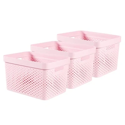 Abbildung von CURVER Infinity Dots Aufbewahrungskorb, rechteckig, 17 l, Rosa, 3 Stück