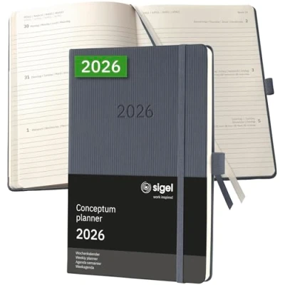 Abbildung von SIGEL C2666 Wochenplaner Wochenkalender 2026, ca. A5, dunkelgrau, Hardcover, 192 Seiten, Gummiband, Stiftschlaufe, Archivtasche, aus nachhaltigem Papier, Conceptum