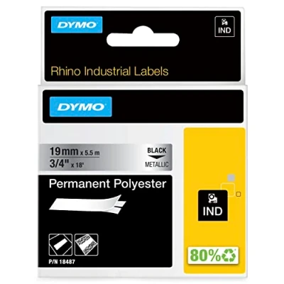 Abbildung von DYMO Rhino Industrie Permanente Polyesteretiketten 6 mm x 5,5 m Schwarz auf Metallic selbstklebendes Schriftband für und LabelManager Beschriftungsgerät