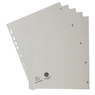 Abbildung von Exacompta 1705E Kunststoff Register 1 5 für DIN A4 aus recyceltem teilig volle Höhe 21 x 29,7 cm weiß mit bedruckten Taben Universallochung Blauer Engel Trennblätter Trennstreifen