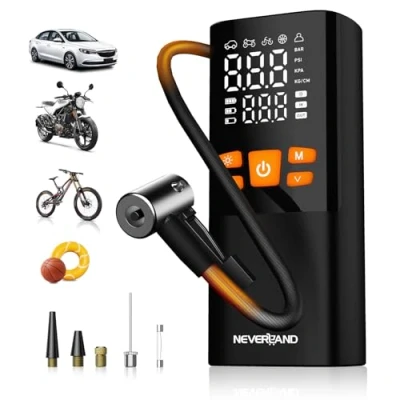 Abbildung von NEVERLAND Fahrradpumpe Elektrische Luftpumpe Akku Kompressor 150 PSI Tragbare Mini für Auto, Motorrad, Fahrrad &amp; Bälle, USB C Wiederaufladbar, LED Taschenlampe, Powerbank Funktion