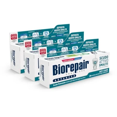 Abbildung von Biorepair, Advanced Zahnpasta mit aktivem Schild gegen Karie, 3 Packungen à 75 ml, Milben und Bakterien, bekämpft Plaque schützt den Lack vor bakterieller Aggression