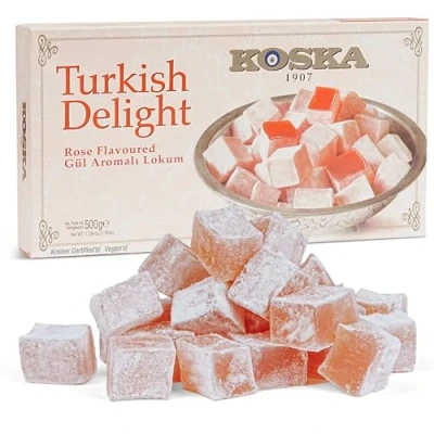 Abbildung von Rose Lokum 500 g, Türkischer Rosengenuss aus Koska Geschenkgröße gr Vegan Halal Koscher Glutenfrei I Turkish Delight, Gül Aromali Lokum, Honig, Türkische Süßigkeit,
