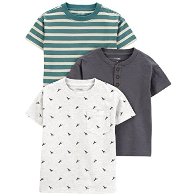 Abbildung von Simple Joys by Carter&#039;s Baby Jungen 3 Pack Short Sleeve Tee T Shirt, Dunkelgrau/Grün Streifen/Weiß Dinosaurier, 4 (3er Pack)
