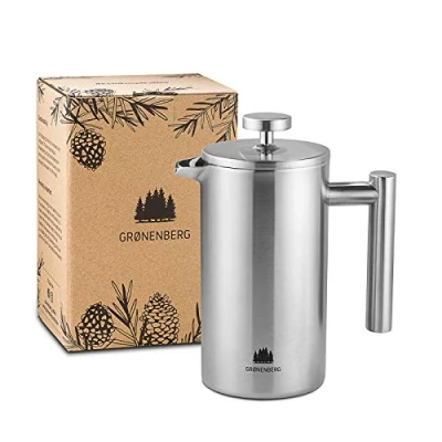Abbildung von GRØNENBERG French Press Kanne Edelstahl Kaffeebereiter mit Thermo Effekt, 0.35l Kaffeekanne, Kaffeepresse inkl. 3 Ersatz Filter