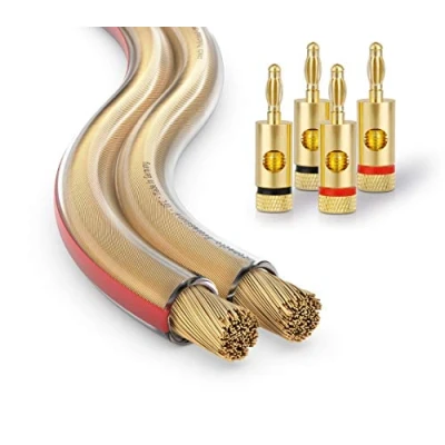 Abbildung von conecto CC50608 OFC Professional Audio Lautsprecherkabel Ultraflex, Querschnitt 2x1,50mm² (99,9% Vollkupfer 189x0,10,0mm Litze), 15,0m, transparent, Set inkl. 4 Bananenstecker