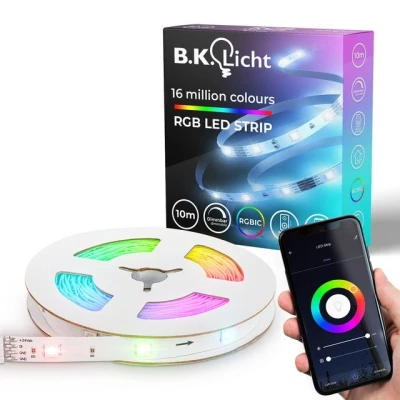 Abbildung von B.K.Licht LED Stripe Wifi RGBIC Strip, 10 m, mit App Steuerung, 300 flammig, Lichtleiste, Musiksensor, smartes Band, Selbstklebend