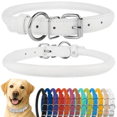 Abbildung von CollarDirect Rundes Leder Hundehalsband, weich gepolstert gerollt, handgefertigtes Echtleder Halsband für Hund Welpe Katze Klein Groß Schwarz Rosa Rot Lila Blau