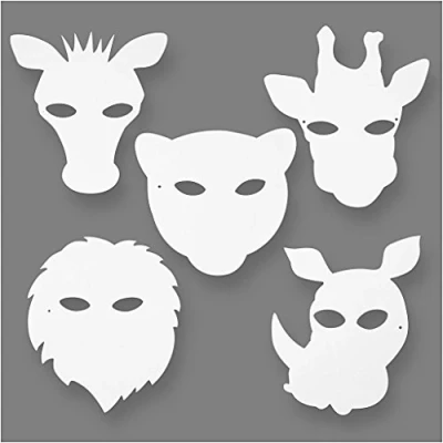 Abbildung von Teach Me Animal Gesichtsmaske, weiße Karten, Giraffe, Zebra, Löwe, Nashorn, Leopard, 16 Stück, 20.5cm 22.5cm x 25cm