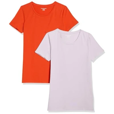 Abbildung von Amazon Essentials Damen Kurzärmeliges T Shirt mit Rundhalsausschnitt, Klassischer Schnitt, 2er Pack, Lavendel/Tomatenrot, XL