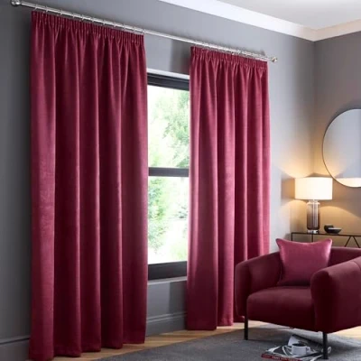Abbildung von Fusion Weinrote Vorhänge B46 x L72 (117 183 cm) 100% Baumwolle 2 Paneele Bleistiftfaltenvorhänge in Rotwein Schalldichte Vorhang &amp; Thermovorhänge für Schlafzimmer Weinrot