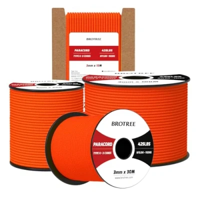 Abbildung von Brotree Paracord 3mm 30M 100% Nylon Seil Schnur Typ II 425 mit 3 Kern für Survival, Outdoor, Armband, Basteln Bruchlast 192kg (Neonorange)