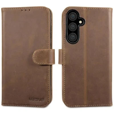 Abbildung von LENSUN Lederhülle für Samsung Galaxy S24 FE 5G, Handyhülle [Echtes Leder] [Bookstyle] Flip Handytasche Echtleder Hülle 6,7&quot; Vintage Dunkelbraun