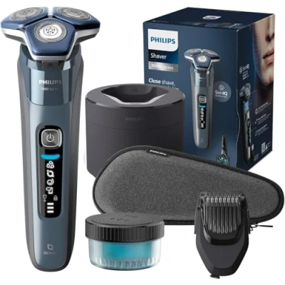 Abbildung von Philips Shaver S7000 Elektrischer Nass &amp; Trockenrasierer in Eisblau mit 1 x integrierten ausklappbaren Trimmer, Barttrimmer Aufsatz, Reinigungsstation, Reiseetui Ladestation (Modell S7882/54)