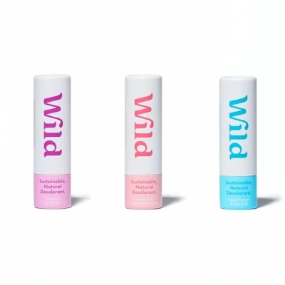 Abbildung von Wild Set mit 3 Mini Deodorants 100% natürliche Inhaltsstoffe &amp; Aluminiumsalzfrei Lang anhaltender Schutz Ideal für Urlaub Reisen Plastikfrei Vegan Umweltfreundlich Testgröße, Creme