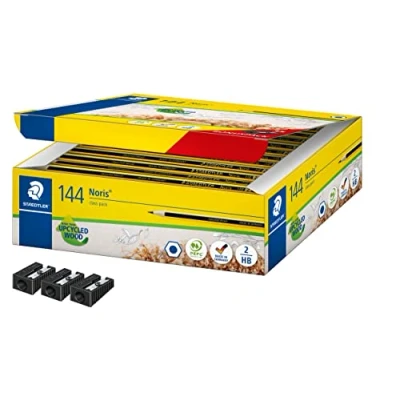 Abbildung von STAEDTLER Bleistifte Noris, Klassensatz Schulbox mit 144 unglaublich bruchfesten Bleistiften in Härtegrad HB und 3 Spitzern, hohe Qualität Made Germany, Spar Pack, 120 C144P1