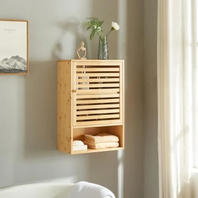 Abbildung von [en.casa] Badezimmerschrank hängend Gjesdal Badschrank schmal Hängeschrank mit Einer Tür Bambus Wandschrank für Bad 60 x 40 20 cm