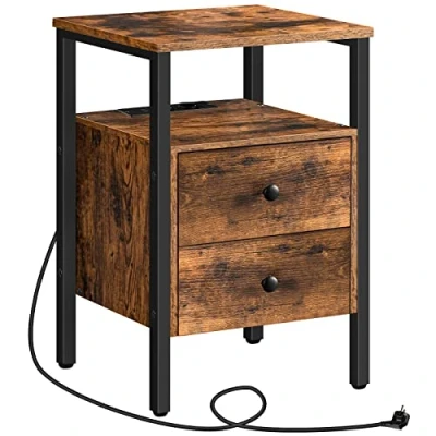 Abbildung von HOOBRO Nachttisch mit Ladestation, Beistelltisch, Sofatisch 2 Schubladen, Couchtisch USB Anschlüssen für Wohnzimmer, Schlafzimmer, Modern, 40 x 61 cm, Vintage EBF43CBZ01G2