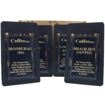 Abbildung von Arabica Kaffeebohnen Ganze Bohnen 4 x 125g Probier und Geschenkset Vier Geschmacksrichtungen, Ideal als Kaffee Geschenk Für Kaffeeliebhaber Espresso &amp; French Press Coffeenes