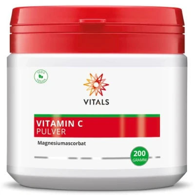 Abbildung von Vitals Vitamin C Pulver Gepuffert, 200 gramm (Magnesiumascorbat). 100% Vegan. Ohne Hilfsstoffe mit 1800 mg und 130 Magnesium pro Messlöffel.