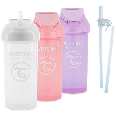 Abbildung von Twistshake Baby Trainings Schnabeltassen Set 4 teilig 3 x Schnabeltasse mit Strohhalm 2 Strohhalme 1 Strohbecher auslaufsicher Auslaufsichere Wasserflaschen 6+ Monate Rosa Lila