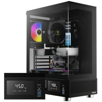 Abbildung von GAMDIAS Atlas E1 ATX Gaming Midi Tower PC Gehäuse,Echtzeit Anzeige mit Software, Enthalten 3 x 120mm ARGB Lüfter, Front und Seitenteile aus gehärtetem Glas, High Airflow Lüftungsschlitze, Schwarz