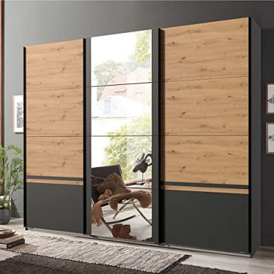 Abbildung von Lomadox Schlafzimmer Schwebetürenschrank mit Spiegel in Graphit Artisan Eiche Nb., B/H/T ca. 270/210/64 cm