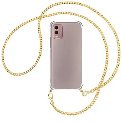 Abbildung von mtb more energy® Handykette kompatibel mit Nokia C32 Metallkette (Gold) Smartphone Hülle zum Umhängen Anti Shock Full TPU Case