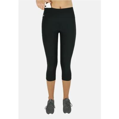 Abbildung von Damen 3/4 Laufhose Capri Hoher Bund. Atmungsaktiv. mit Handytasche schwarz