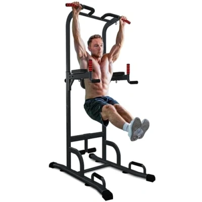 Abbildung von Sportstech 7in1 Power Tower PT300 als Dip Station &amp; Kraftturm, multifunktionale Kraftstation für Zuhause mit Klimmzugstange, Liegestützgriffe und 4 Ösen TRX, Ropes Schlingen, Sit Ups, in schwarz